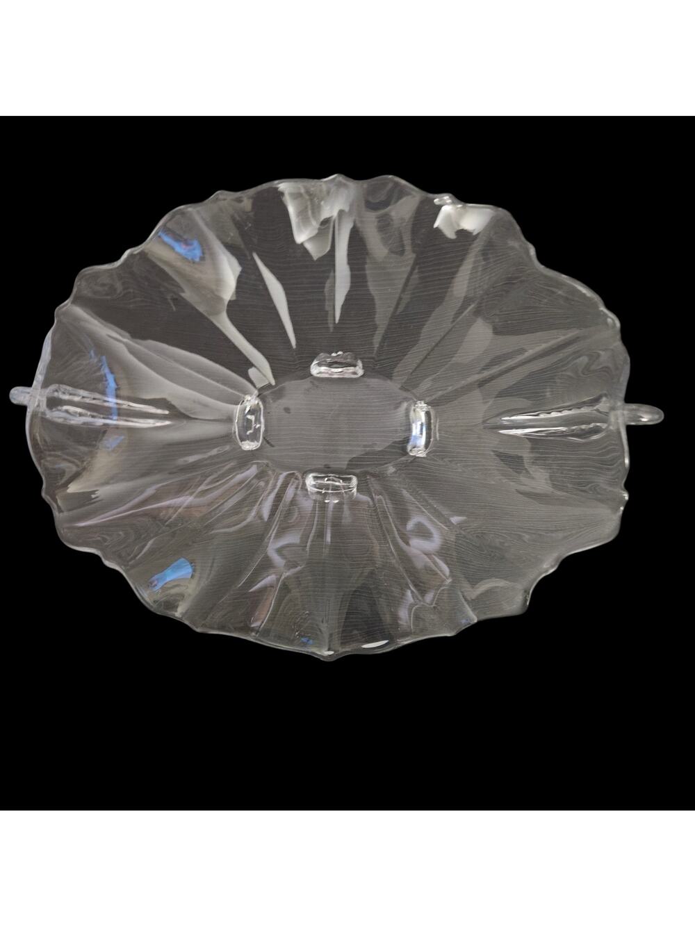 Vintage Clear Art Glass Footed Bowl Wavy Ruffled Rim Scroll Handles